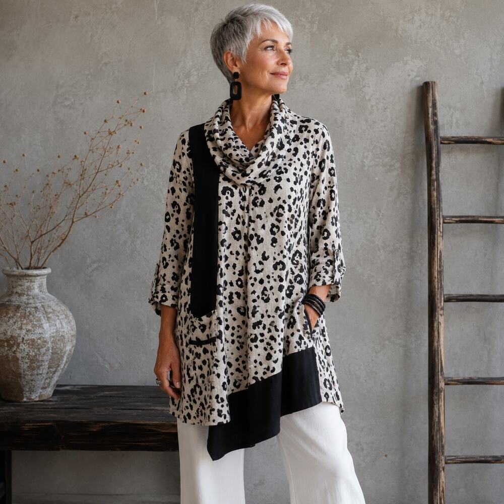Ali Miles Tan Black Leopard Cowl Tunic Top Medium
